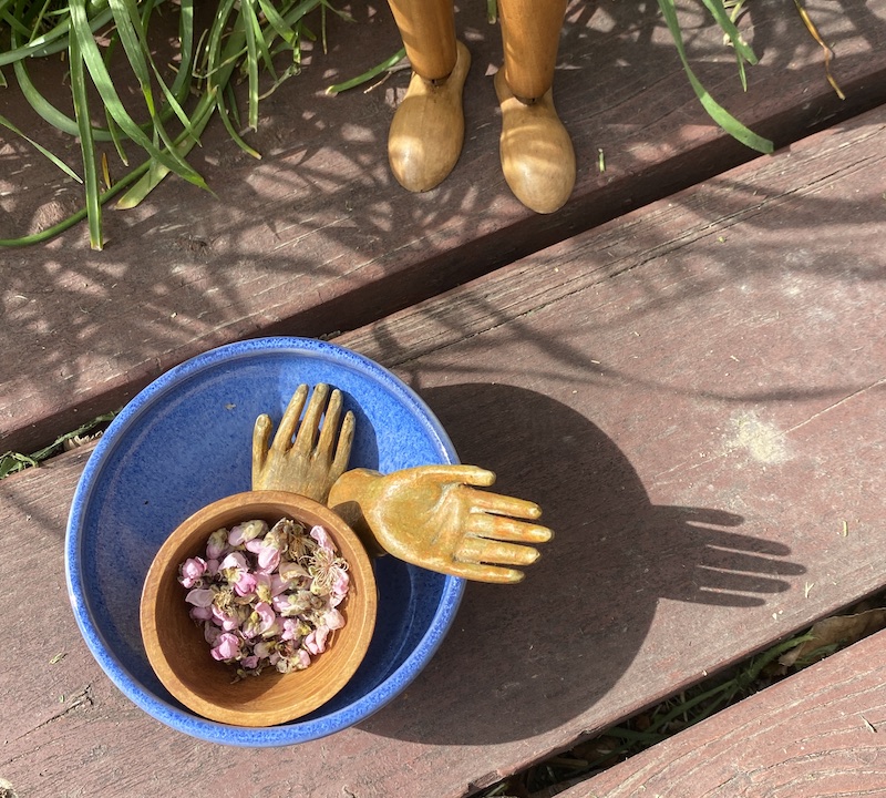 The two wooden hands are now nested in a royal blue ceramic bowl with one hand's shadow off to the right on the ground. Also in the bowl is a smaller wooden bowl full of pink blossom buds. 